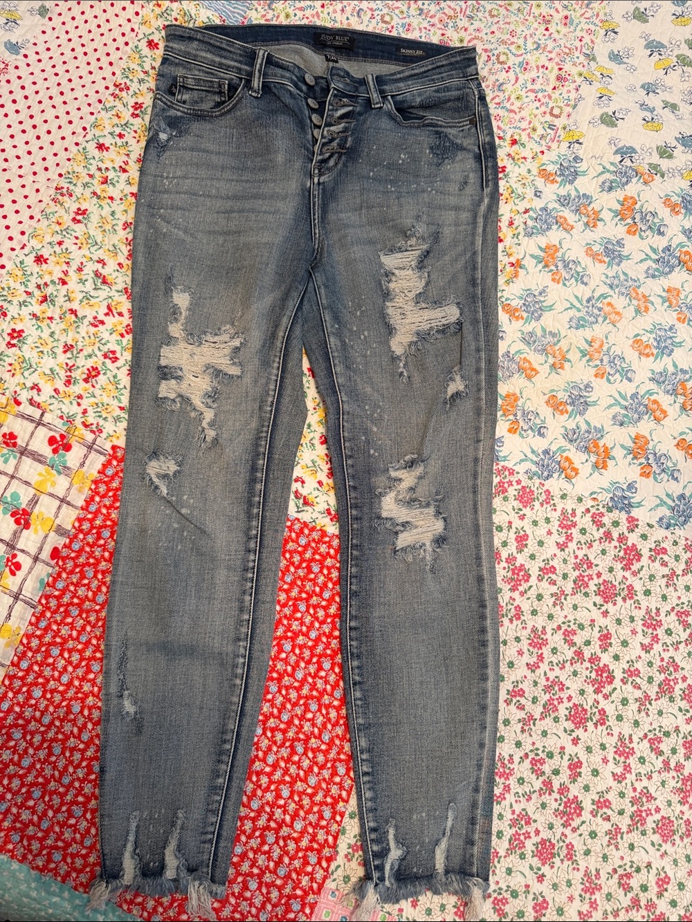 Judy Blue Button-Fly Distressed Skinny Jeans - Faded Blue